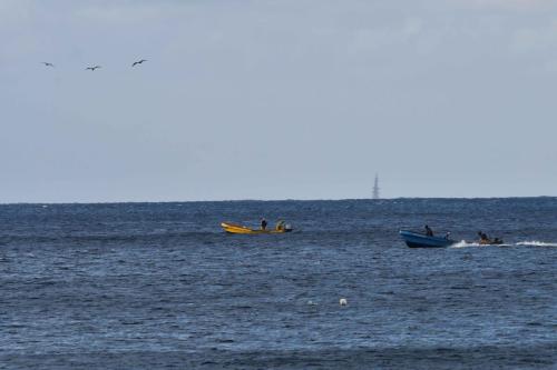 Petite Anse, les mâts d'un grand voilier à l'horizon