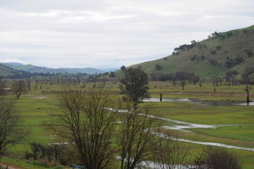 Lac Hume, lac de barrage presque à sec à cet endroit où la ville de Tallangatta dû être déplacée lors de la construction du barrage en 1950.