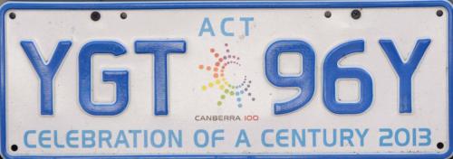 Plaque d'immatriculation de Canberra, célébrant les 100 ans de la ville